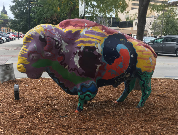 A bison statue in downtown Fargo, ND.