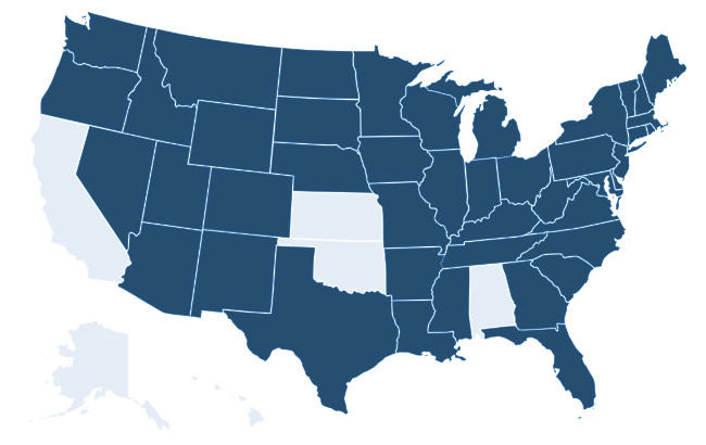 A map showing the only states I have left to visit are: California, Alabama, Kansas, Oklahoma, Alaska and Hawaii